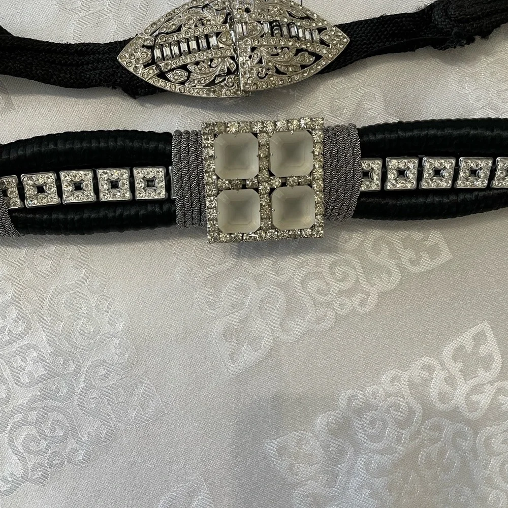 Women’s: Art Deco silver Rhinestone emblished Black Belt . 34 1/4 “